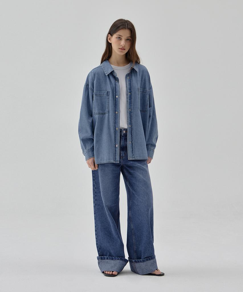 RYUL+WAI Denim Back Tuck Oversized Shirt Blue R6