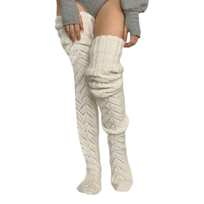 Hollowed Out Knitted Over Knee Long Socks for Women Winter Fall Thigh High Stockings Solid Color Thermal Long Leg Warmer