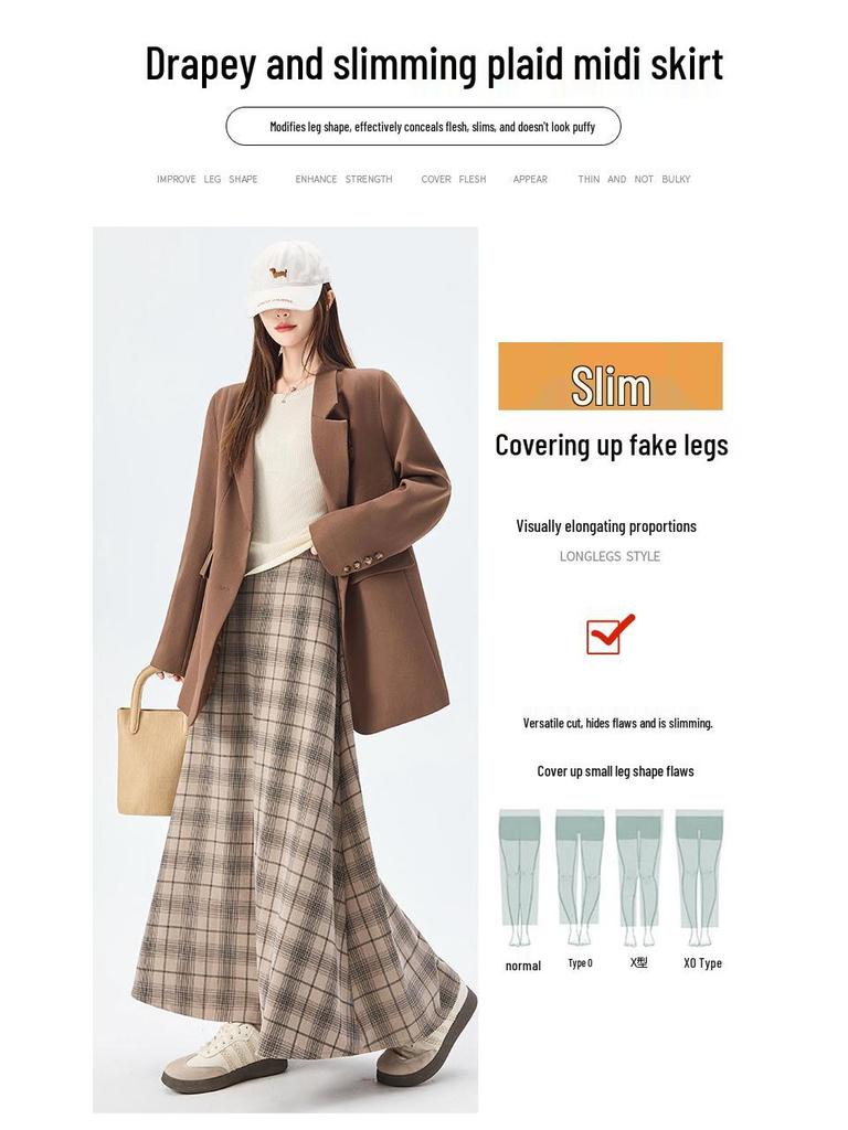 Women's 2026 Spring Retro Plaid High-Waist A-Line Skirt with Elastic Waist and Wide Hem