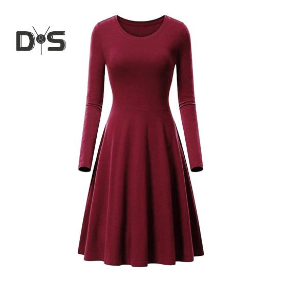 

Весеннее женское платье с круглым вырезом, А-силуэтом, большим подолом, длинным рукавом, платье миди, однотонное свободное платье для повседневной жизни, свиданий, вечеринок S вино красного