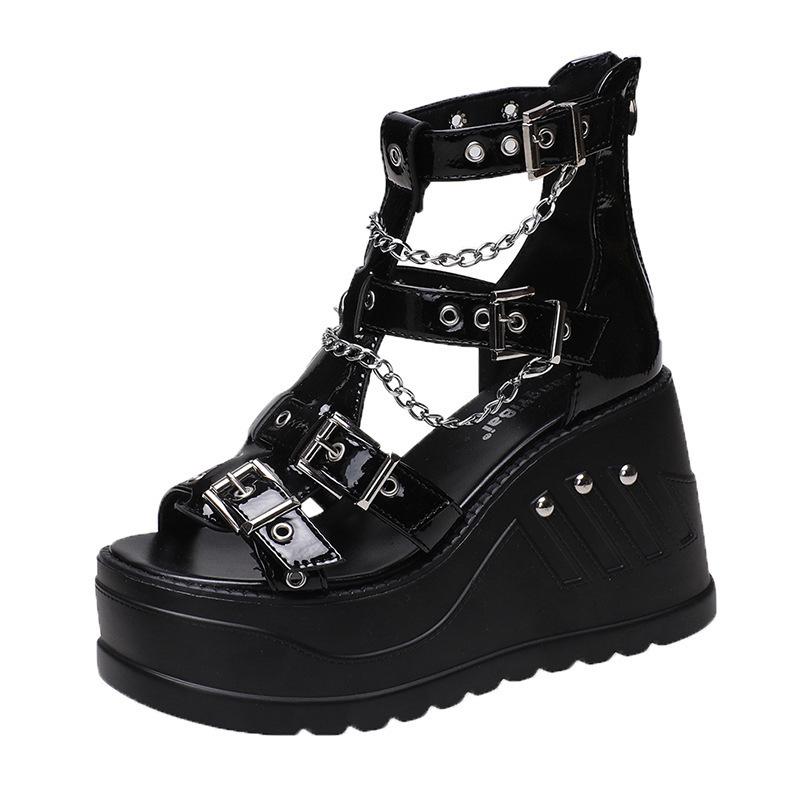 

Luxury Women Wedges Sandals High Heel Gothic Punk Comfy Walking Back Zip Chains Fashionable Summer Platform Sandals Ladies Shoes 42
