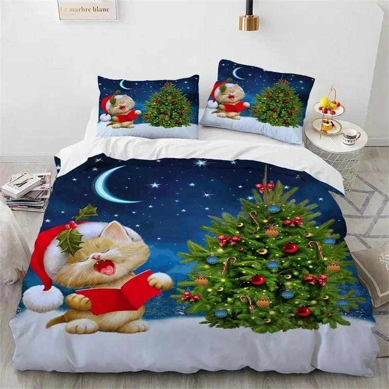 3D Print Cat Merry Christmas Santa Claus Bedding Set Double Twin King Duvet Cover Comforter Pillowcase Boys Girls Adults Bedroom