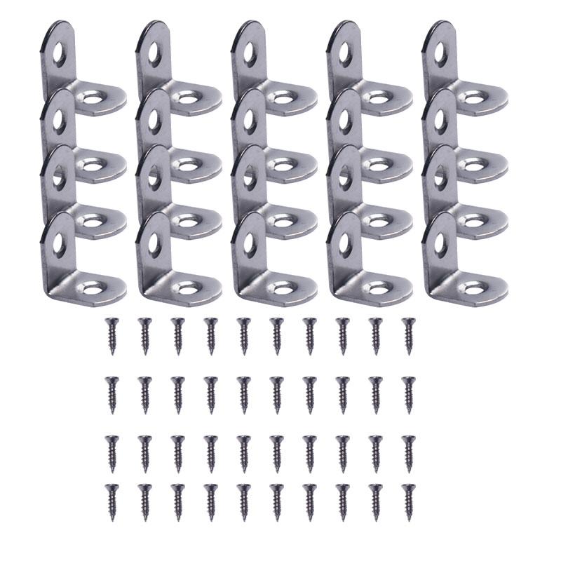Heavy Duty L-Shaped Corner Brackets 20x20mm Stainless Steel & Black Iron with Screws - 10/20 Sets for Wardrobe/Wall/90° Fixing