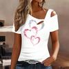 Women Heart-shaped Pattern Print Cold Shoulder Short Sleeve T Shirt Irregular Cutout Neck Casual Summer Blouse Top