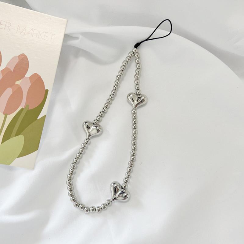 Ins Y2K Silver Love Heart Bowknot Phone Charm Strap Bead Pendant For Phone Accessories Hanging Rope Girl Jewelry