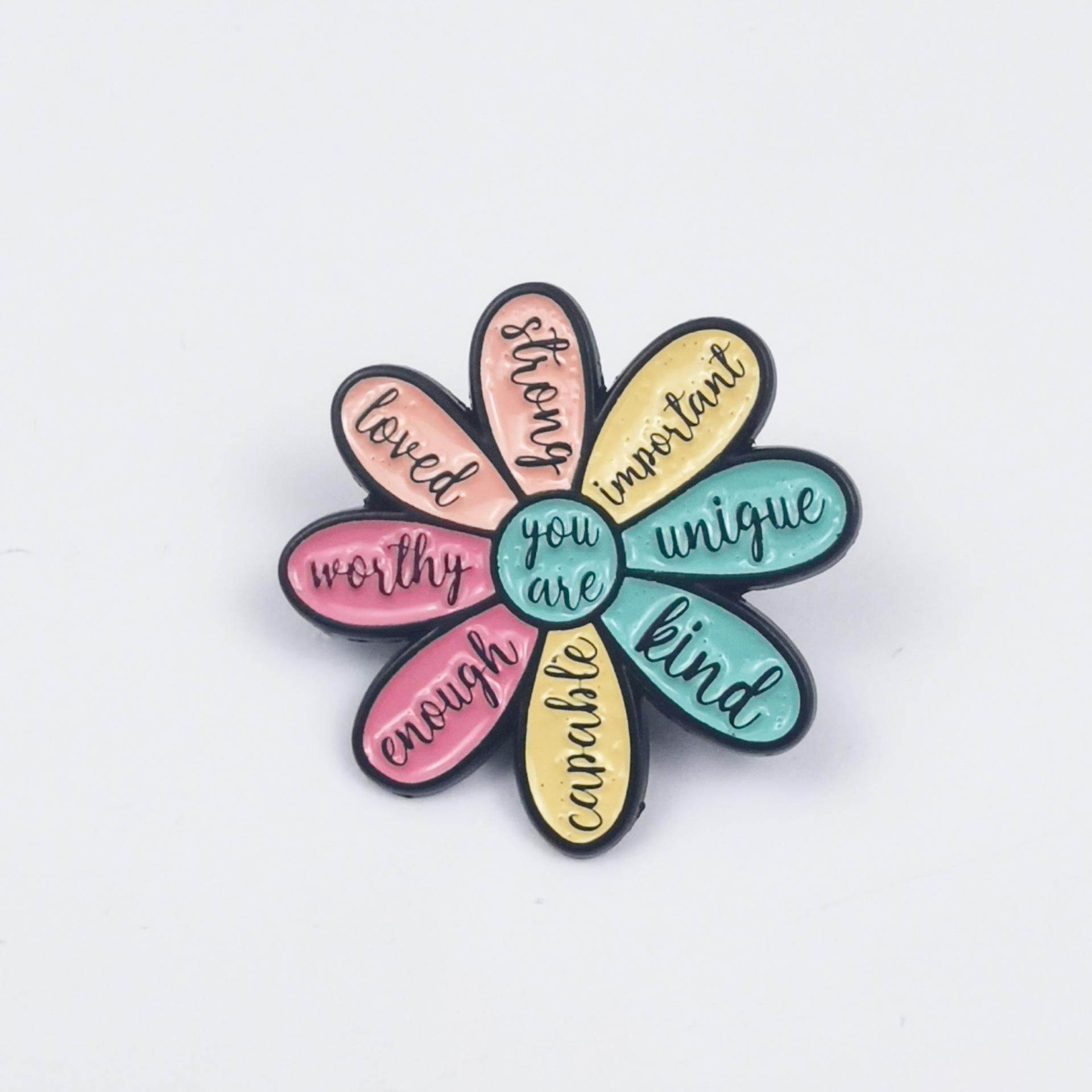 Colorful Cartoon Flower Brooch with English Quote - Alloy Pin for Backpack or Clothing