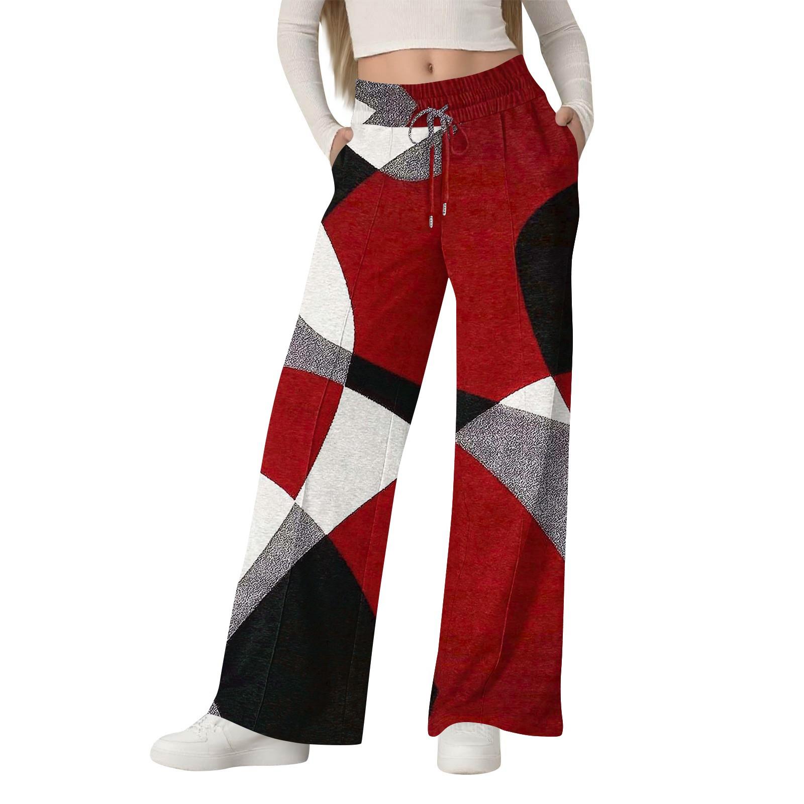 

Женские модные свободные повседневные брюки с широкими штанинами, геометрический цветной блок, пэчворк, принт XL винный