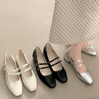 Square Toe Low Heel Women Silvery Mary Jane Shoes Fashion Elegant Belt Buckle Shoes Ladies Comfort Street Style Leather Shoes
