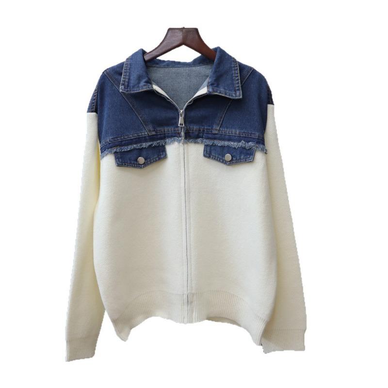 Zipper Splicing Denim Knitted Cardigan Autumn and Winter New Loose Casual Design Sweater Jacket Women