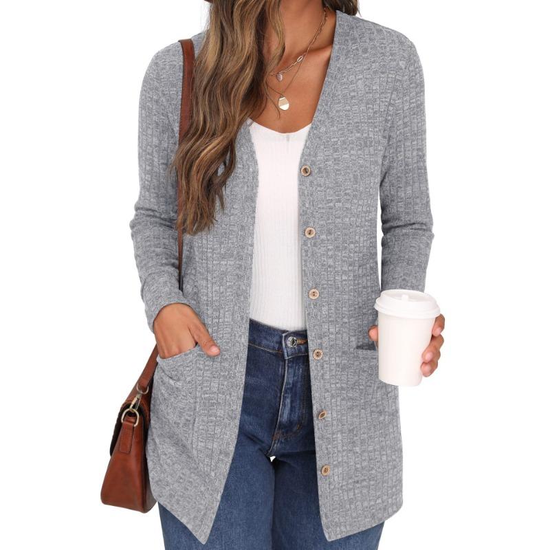 Autumn and Winter Solid Color Loose Long Sleeve Pocket Cardigan Jacket Women's New Style