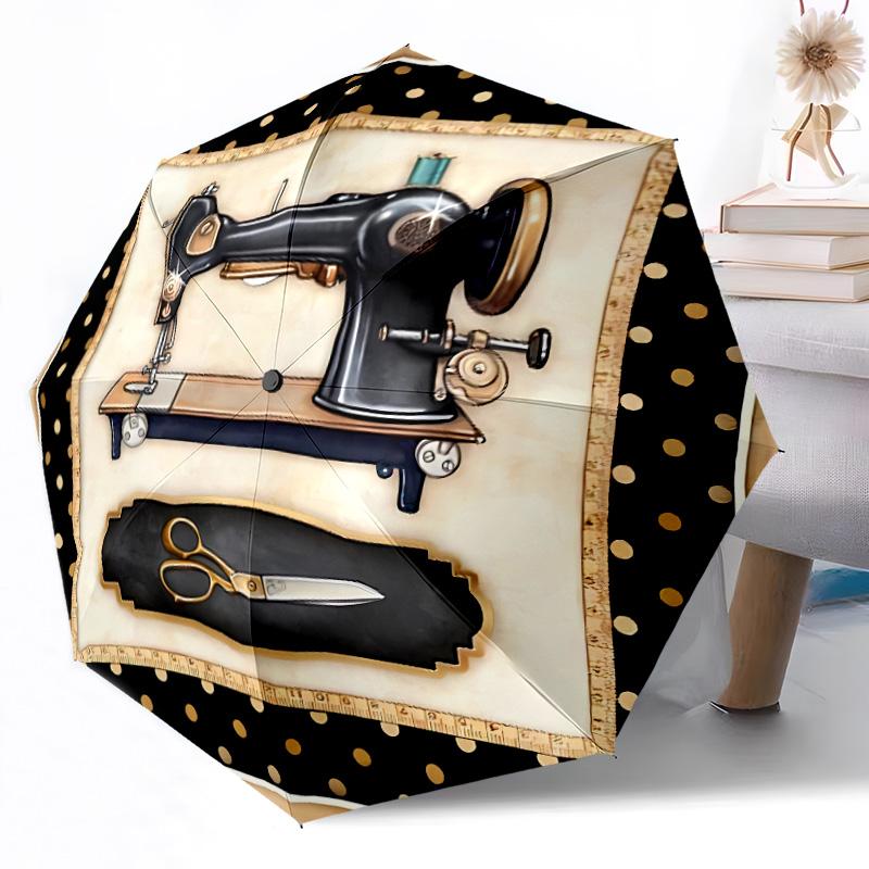 Vintage Sewing Machine Floral Art Automatic Umbrella Compact 8-Rib Design Lightweight All Season Travel Outdoor Accessory Perfect Gift for Women Men