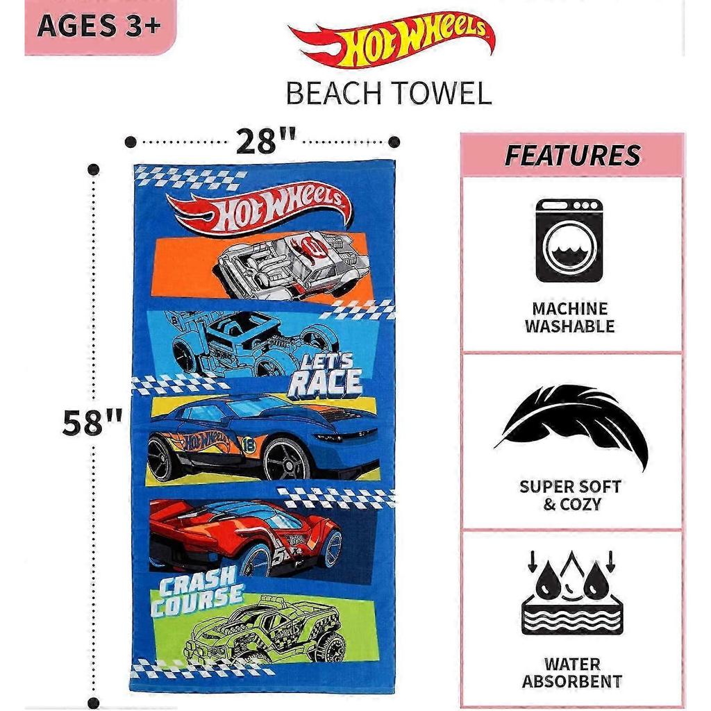 25-26 Kids Super Soft Cotton Bath/Pool/Beach Towel, 58 In X 28 In, Hot Wheels 58 In X 28 In Hot Wheels