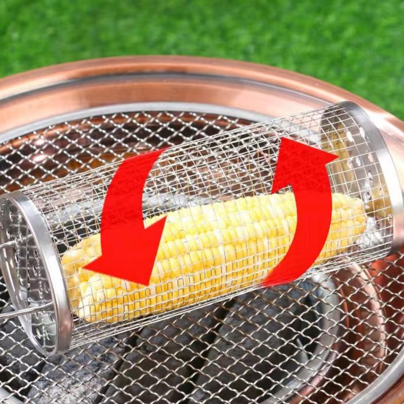 Outdoor Camping Barbecue Grille Stainless Steel Cylinder BBQ Basket Kitchen Potato Fry Gadget Portable Picnic Cookware