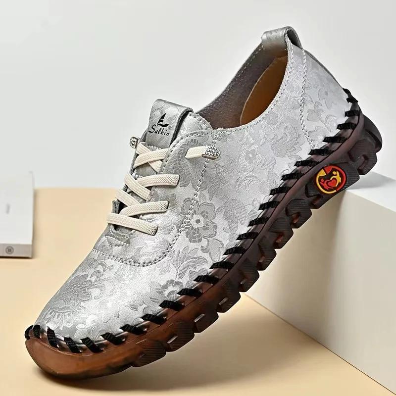 Fashion Print Fashion Sneakers Women Handmade Leather Casual Women Shoes Design Platform Loafers Breathable Flats Shoe Driving Plus Size
