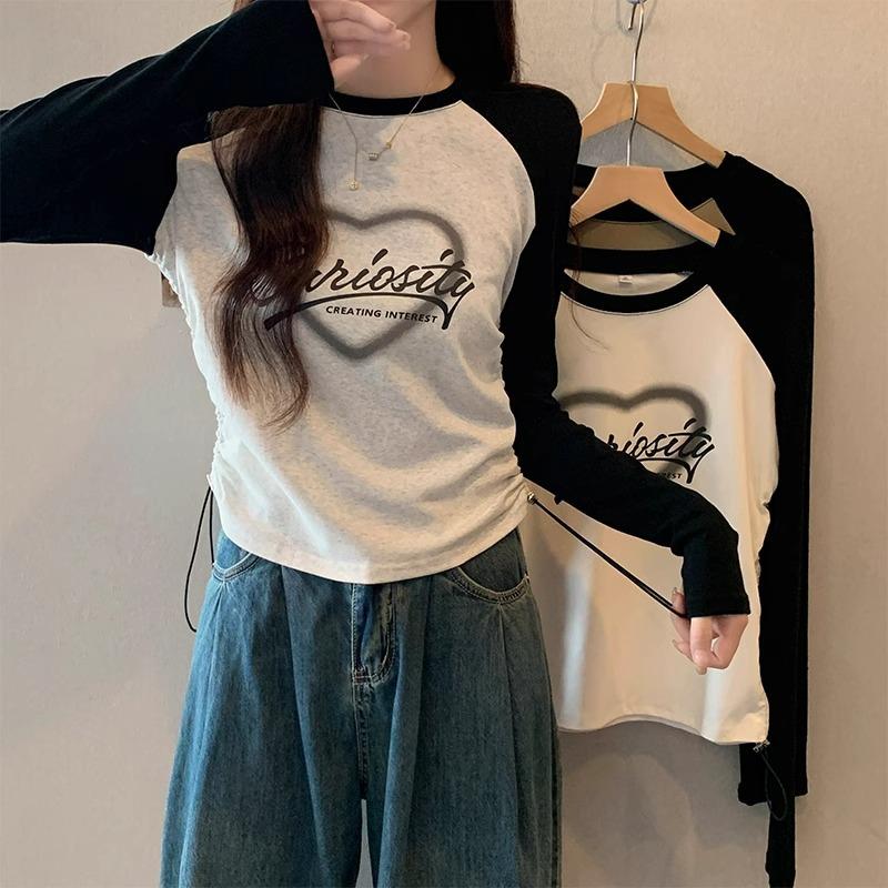 Kadın sonbahar ve kış yuvarlak yaka renk bloklu reglan uzun kollu retro büzgülü bel kısa üst kadife iç katmanlı