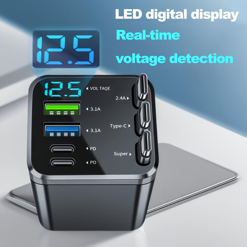 7-in-1 Smart Car Charger with LED Voltage Display, Retractable PD Fast Charging Cable and 120W Output