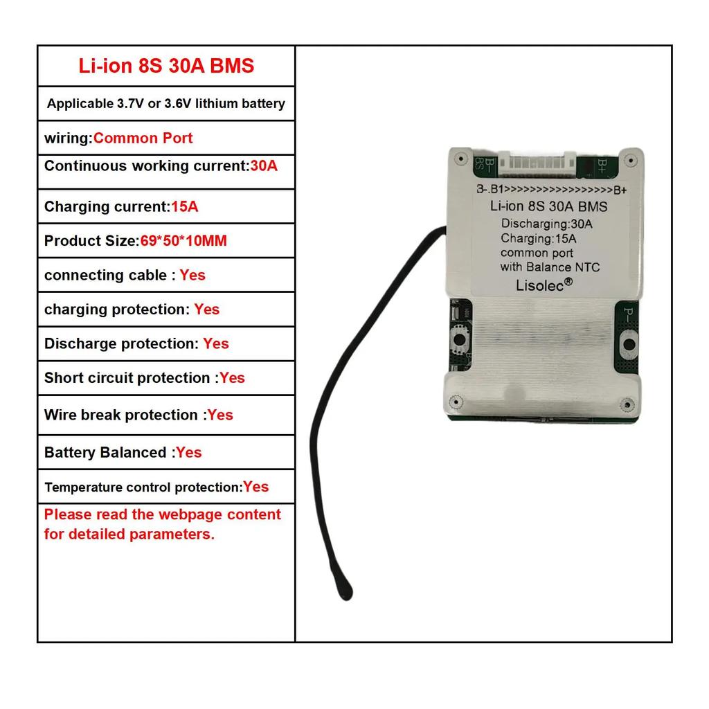 Li-Ionen 8S 29,6V 33,6V BMS Schutzplatine 30A Ladeentladung mit Balance Temperaturregelung für 18650 21700 Lithium-Batterie