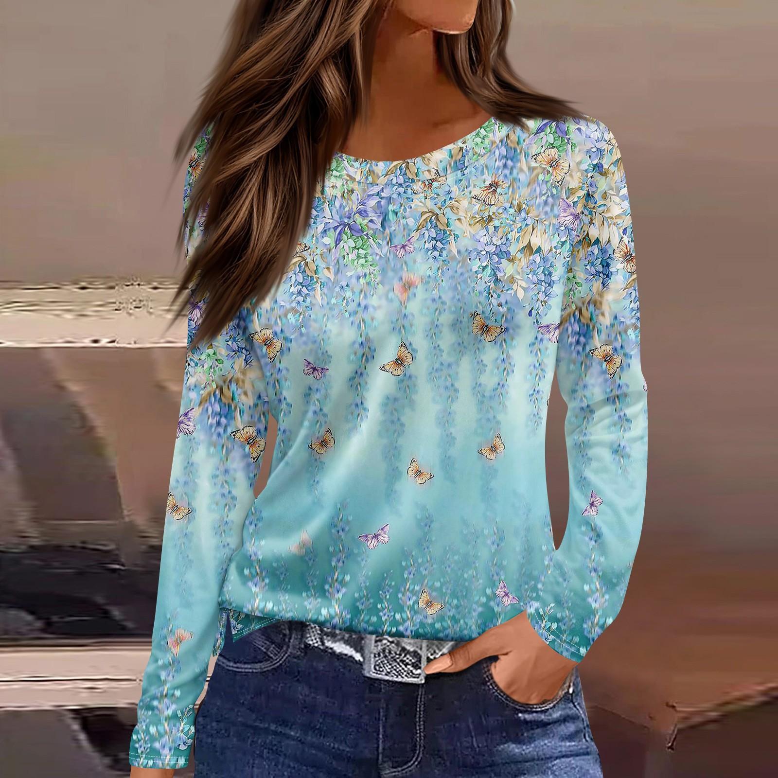 

Женская модная повседневная свободная футболка с разрезом и круглым вырезом с длинным рукавом с принтом, женский топ L циан