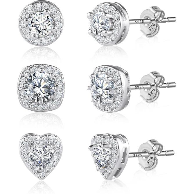 Hypoallergenic Silver Stud Earrings for Women Cubic Zirconia Halo Round Heart Square Diamond Large Silver Stud Set Earring