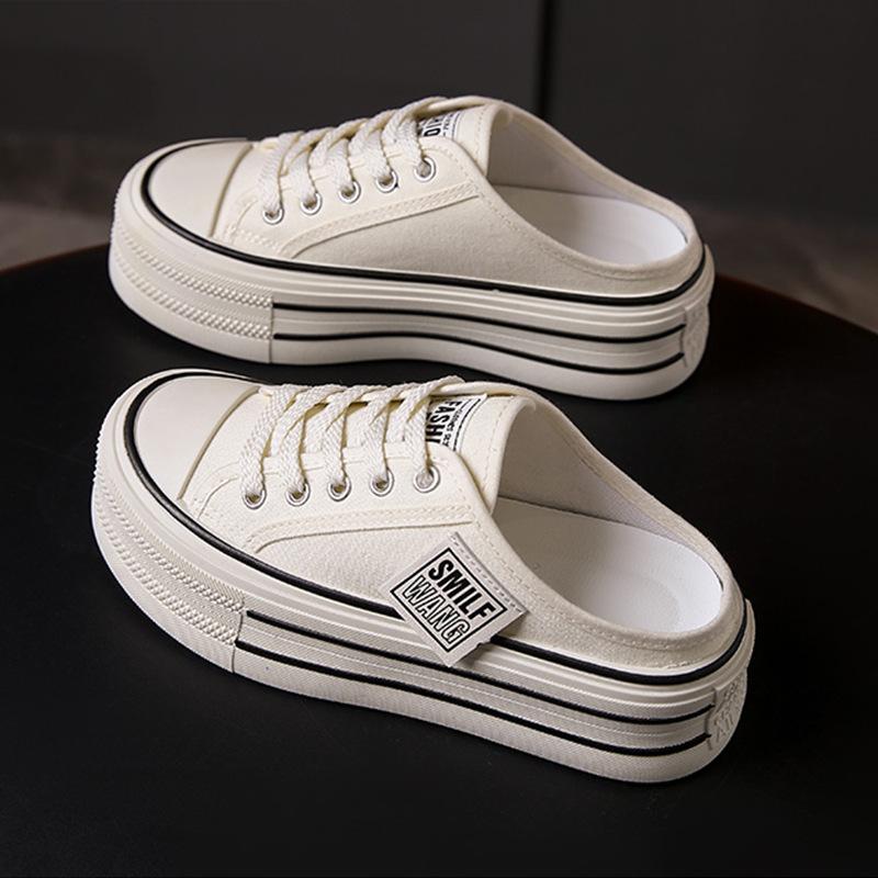 

Женские полутапочки Baotou из холста, новинка 2025 года, летняя одежда с толстым дном, повседневные, на шнуровке, маленькие белые классные тапочки 40 бежевый