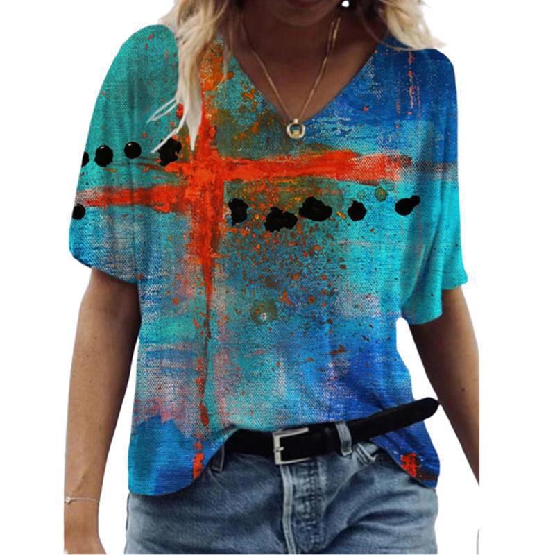 Women's T-shirt 3D Pattern Printed Casual Short Sleeved V-Neck Top Fashionable Street Women's Clothing