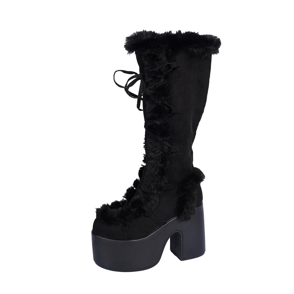Gothic Lolita Winter Women's Snow Boots Waterproof Table High Heel Suede Women's Shoes Plush Warm High Boots