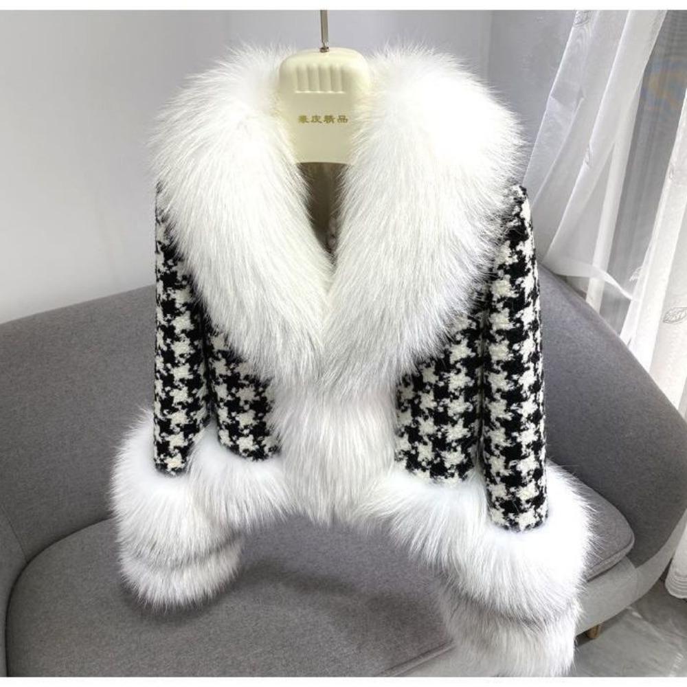 Modă Palton de Damă Palton de Blană Palton Scurt de Damă Guler de Blană Grilă Mii de Păsări Palton de Blană de Vulpe Argintie