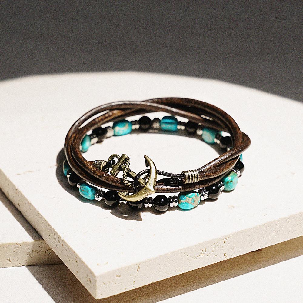 Jbans Classic Full Grain Leather String 439Br Blue Marble Ring 1137 Bracelet Set (C2403-Se372_Br)