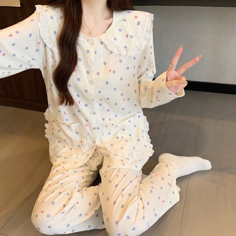 Pajamas Women'S Spring And Autumn Cute Doll Collar Girl Suit Can Wear Cloud Cotton Long-Sleeved Loungewear
