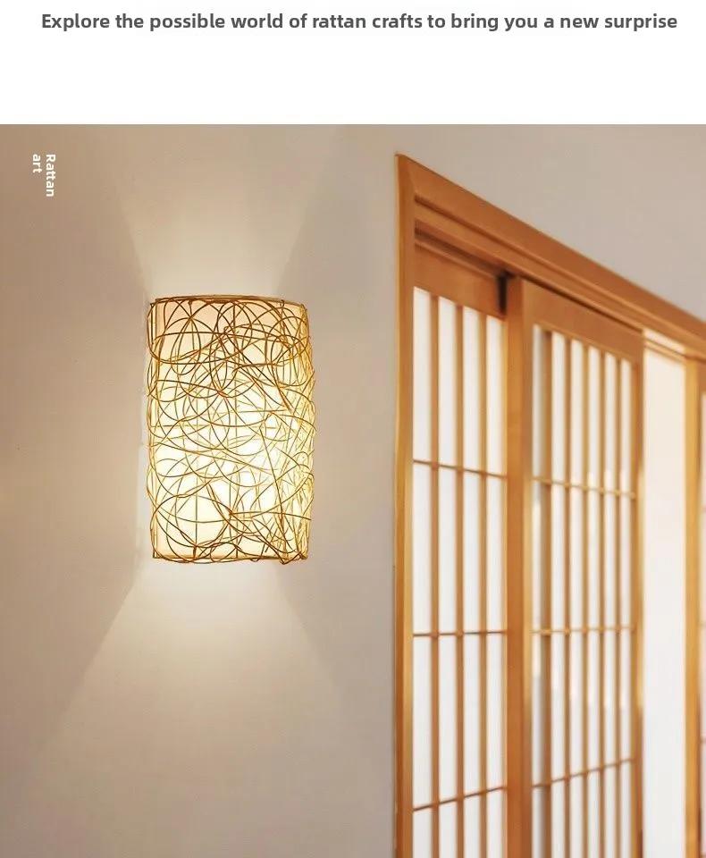 Handmade Chinese Vintage Nordic Natural Vine Wall Lamps Black Rattan Wall Scones for Home Room Decoration Lighting Fixture E27