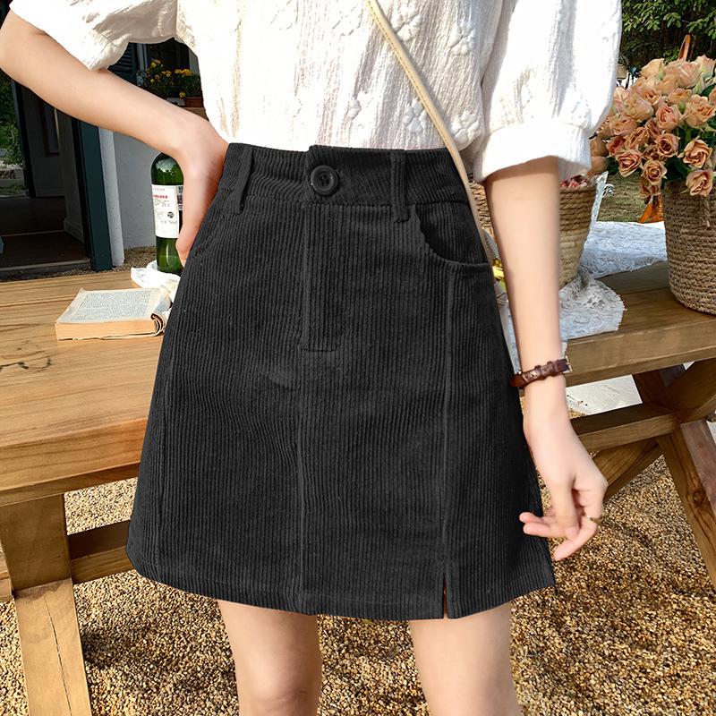 Women's Corduroy High-Waist A-line Skirt, Slimming Fit, Plus Size, Coffee Color, Short, Petite - Spring/Autumn 2024
