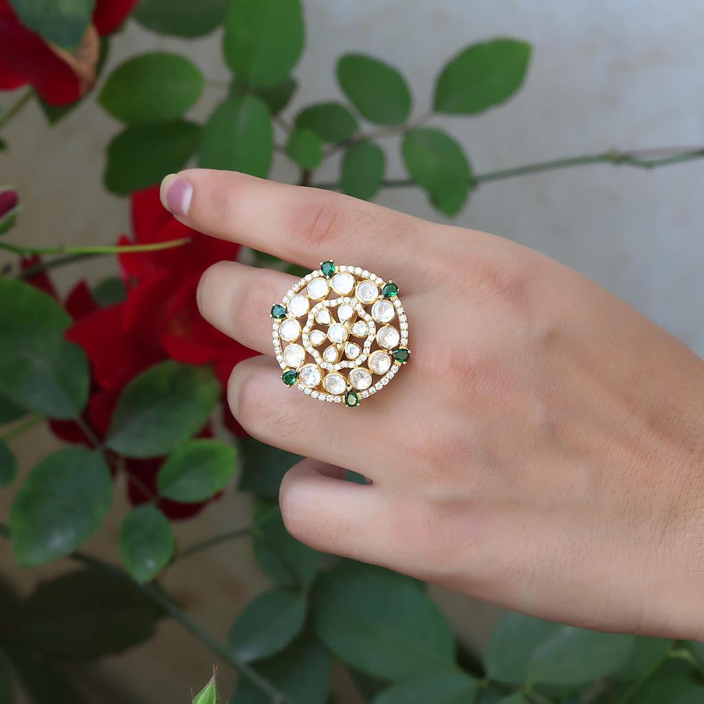 Inel Indian Kundan pentru Femei Argint Sterling 925 Bijuterii Handmade, Inel Kundan cu Finisaj Auriu, Inel Statement pentru Femei Inel Polki, Inel Ajustabil cu Moissanit