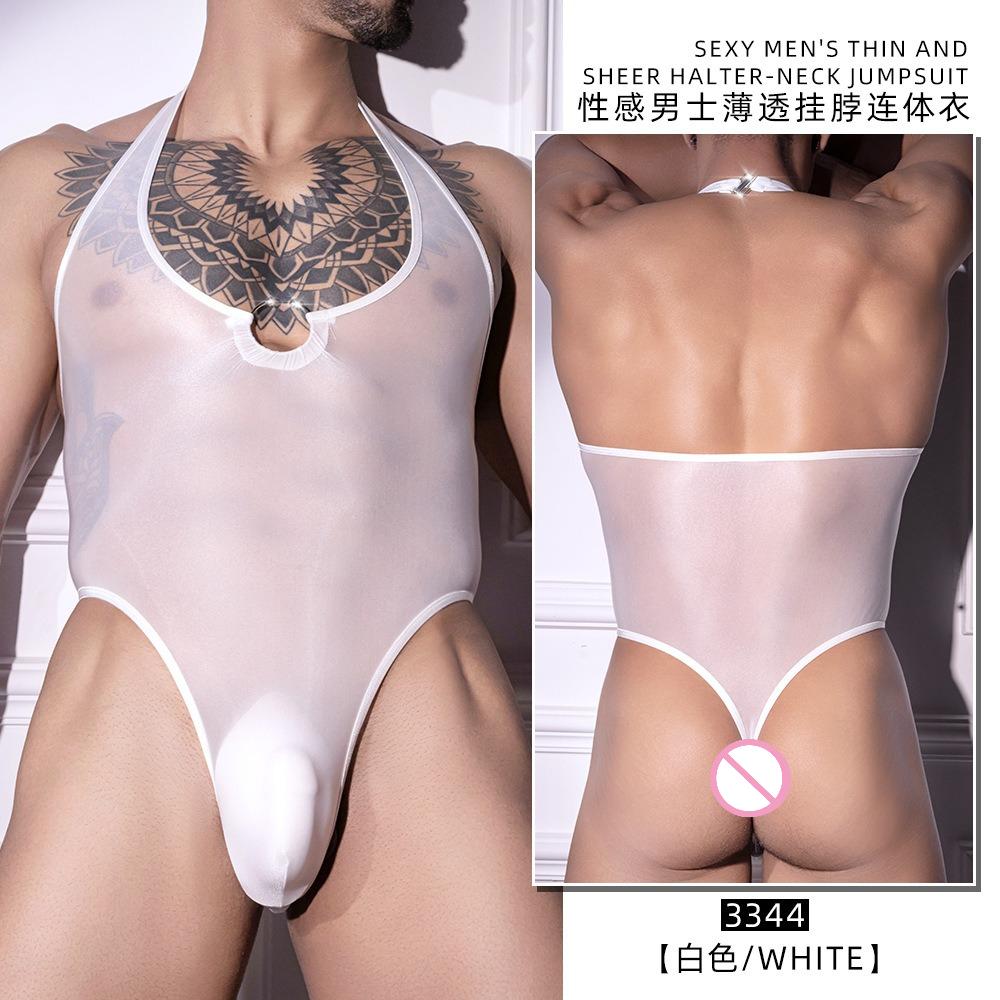 Herren Sexuelle Unterwäsche Rückenfreier Body Freiliegender Po Leotard Öl Glänzend Durchsichtig Tanga Jumpsuit Abnehmbar Erotischer Catsuit