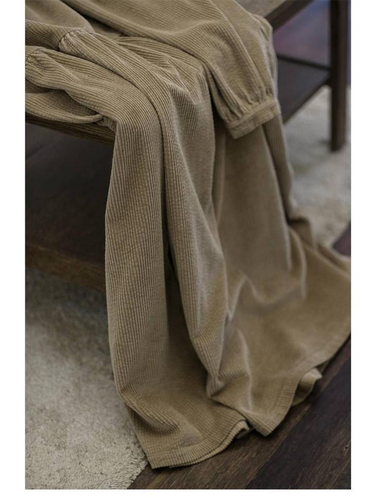 In-Stock Khaki Corduroy Puff Sleeve Dress for Autumn/Winter - Loose Fit, Long Sleeve, Literary Style