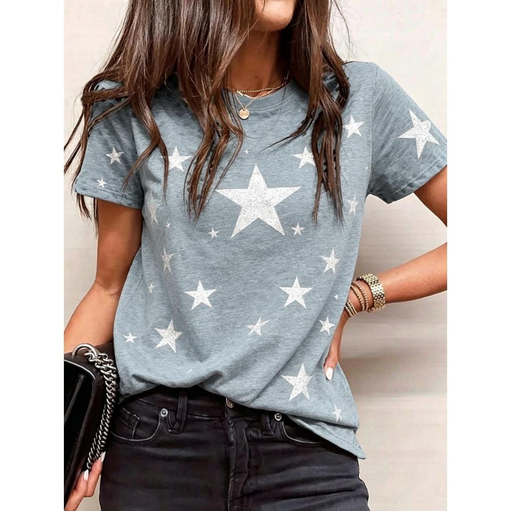 

Women s Glitter Star Print Crew Neck T-Shirt, Casual Short Sleeve Tops, Sparkly Daily Wear for Spring & Summer S