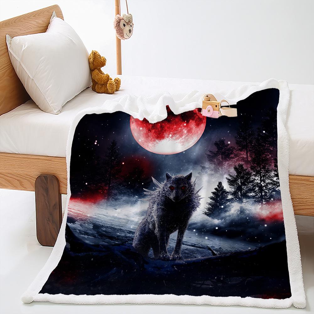 2D Digital Printed Cover Blanket Animal Moonlight Wolf Thickened Lamb Fleece Crystal Fleece Blanket