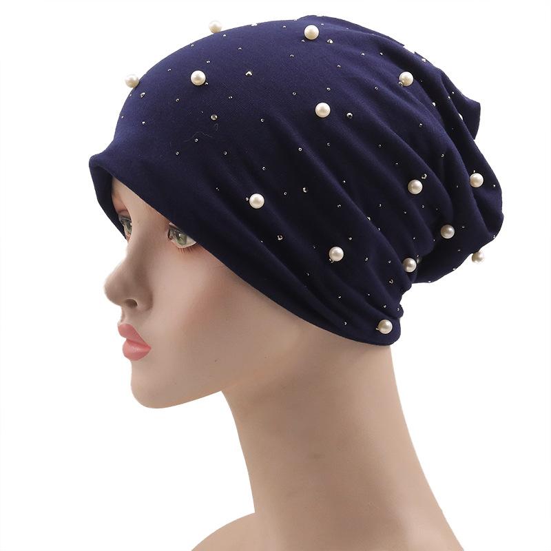 European and American women's autumn and winter new warm brimless hot diamond pearl monochrome pullover hat dome printing outdoor stacking hat