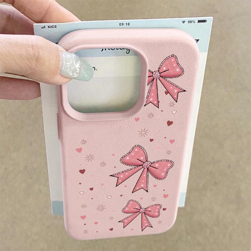 Leather Texture TPU Phone Case For iPhone 17 17e 16e 16 15 Pro Max 14 13 Pro Max 11 Pink Bowknot Print Soft Silicone Back Cover