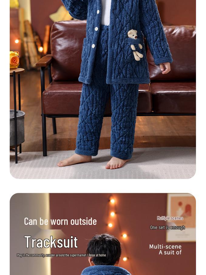 Winter Kids' Flannel Pajamas: Boys & Girls Coral Fleece, Velvet-Lined, Three-Layer Quilted Parent-Child Sleepwear