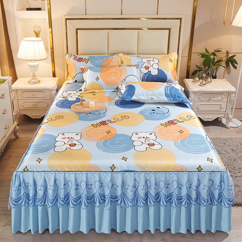 Pink Flowers Lace Bed Skirt Set Summer Ice Silk Smooth Comfortable Bedspread with Pillowcases Luxury Queen King Size Bedding Set