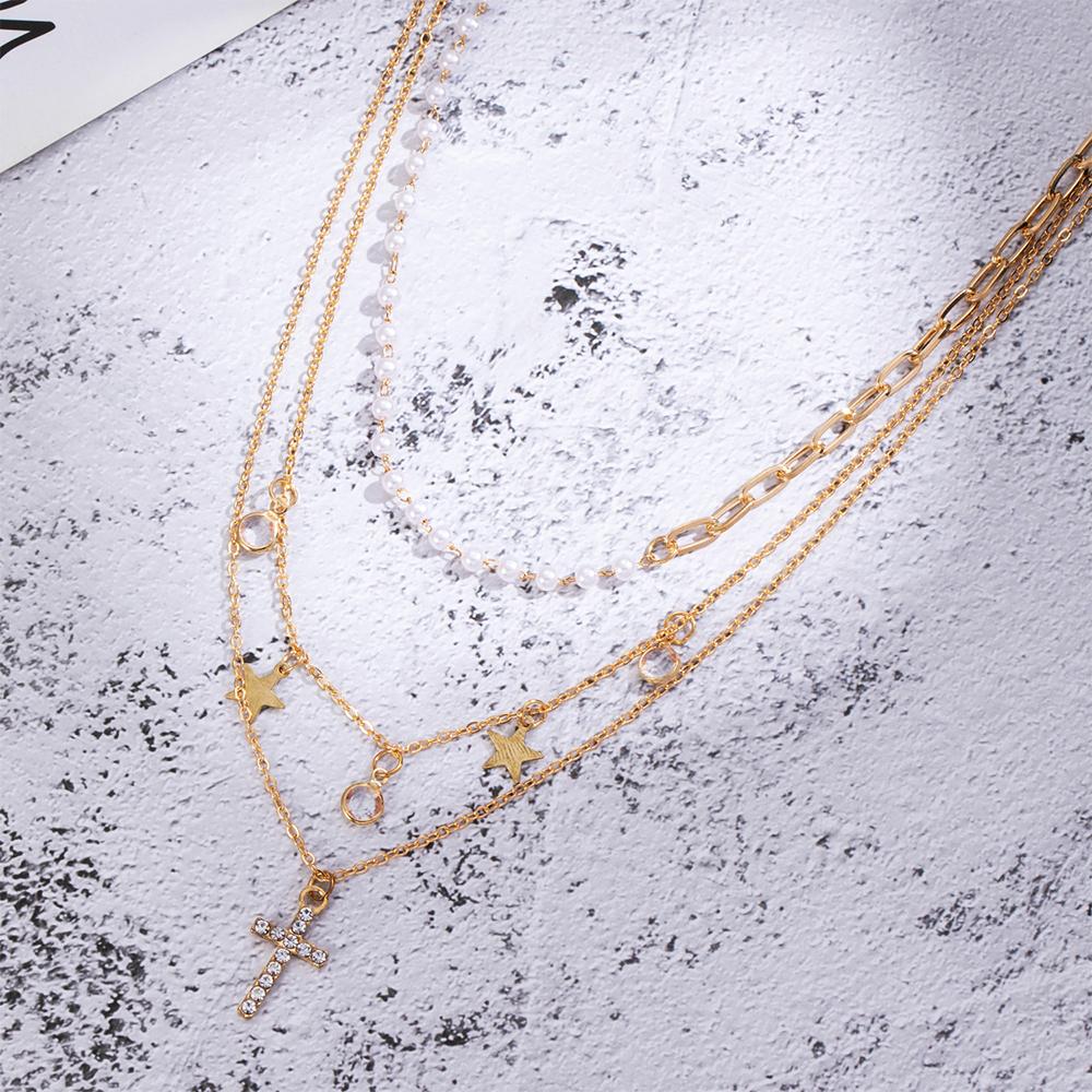 Retro Fashion Star Cross Multilayer Pendant Necklace Fashion Necklace Trendy Temperament Female Necklace