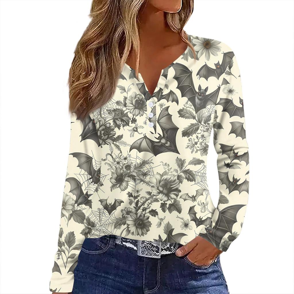 Dámské tričko s potiskem Halloweenu, knoflíky, dlouhý rukáv, denní, víkendová móda, základní, výstřih do V, běžný top