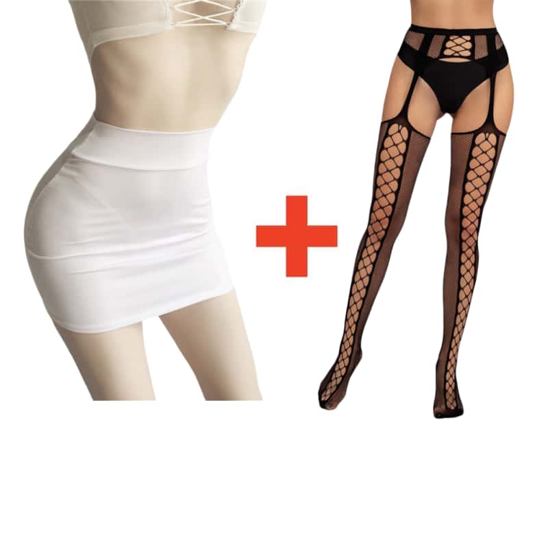 2PCS/SET Women High Waist Pencil Mini Skirts+Stockings Dress Set,Sexy Casual Wrap Hips Black Short Skirt and Pantyhose