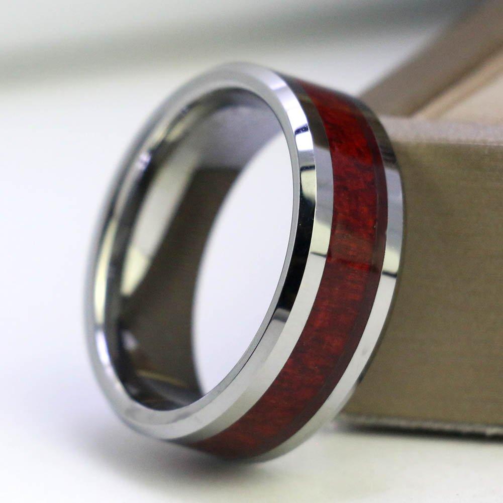 Inele de cuplu de modă Set de inele CZ cu cristal alb de inimă pentru femei Inel din oțel inoxidabil cu incrustație de lemn roșu pentru bărbați, bijuterii, cadouri