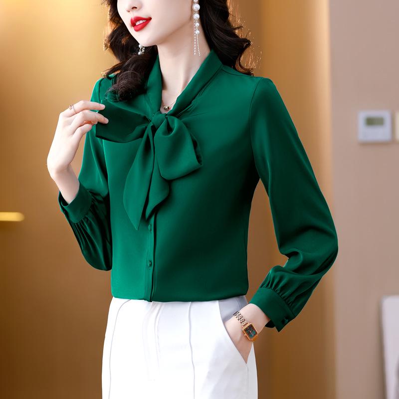 Women's Fashion Silk Long-Sleeve Bow Shirt, 2025 New Collection