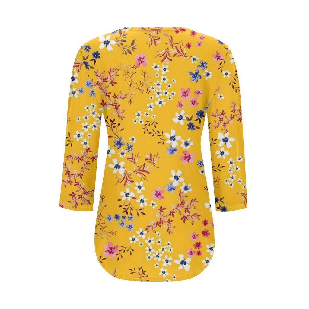 Women's Fashionable Casual Pleated Round Neck Casual Floral Print Seven Quarter Sleeved T-shirt Top