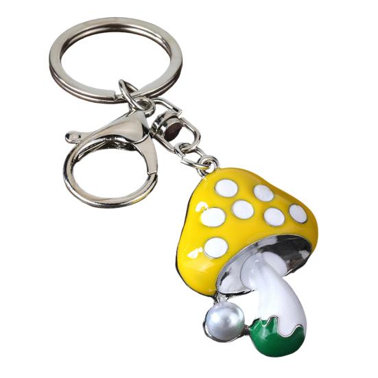 Zinc Alloy Keychain Pendant, Dripping Process Key Ring with Imitation Pearl Cartoon Mushroom Shape, Multiple Colors Bag Charm
