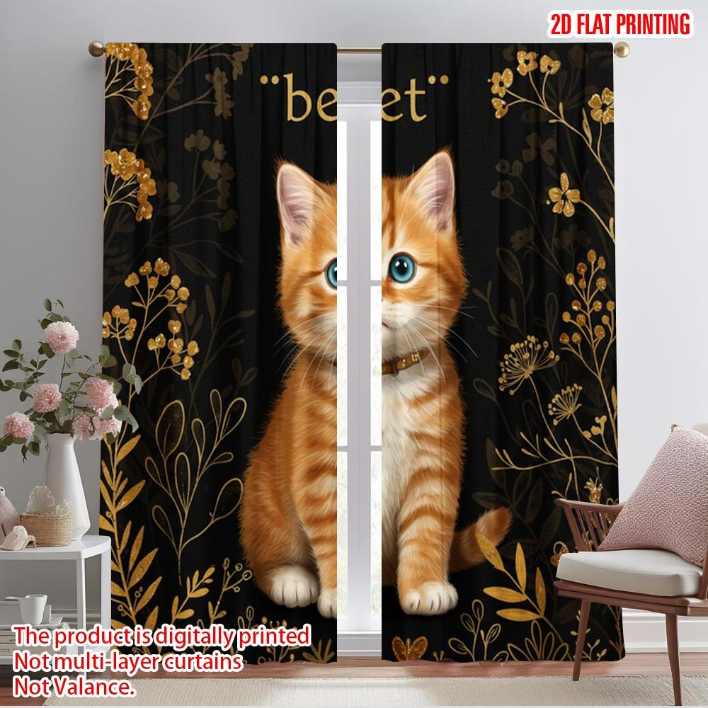 

2pcs 2D flat printing Drapes Orange Tabby Kitten Floral Polyester Without Electricity Party Decorations Use for Decorations 52.50×116.00 CM 2pcs