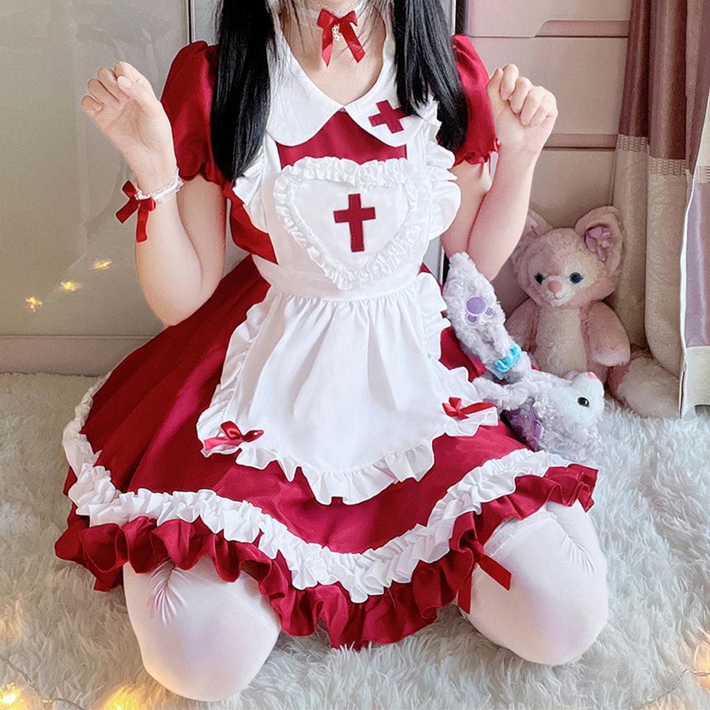 Japanese Classic Anime Maid Dress Cross Nurse Cosplay Maid Restaurant Uniform Pink White Dress Woman