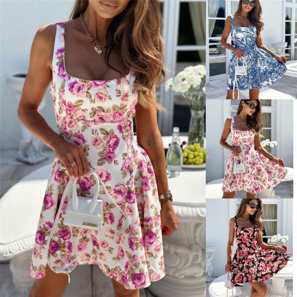 Sommer neues quadratisches Dekolleté rückenfreies Schleife süßes Druckkleid für Frauen